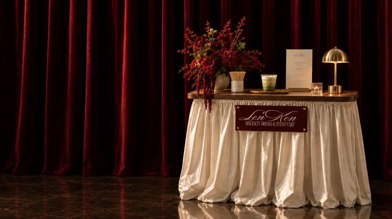 The Lenken cart before a burgundy velvet curtain: an ivory skirted cart with a burgundy Lenken sign, red florals, a matcha on a tray, a printed menu and a brass lamp.